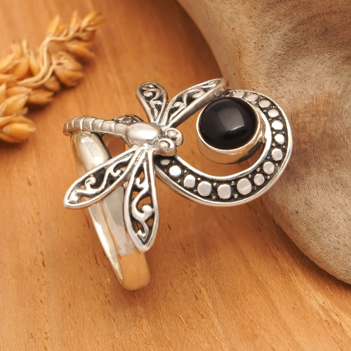 Dragonfly-Themed Sterling Silver Cocktail Ring with Onyx Gem 'Dragonfly's Palace'