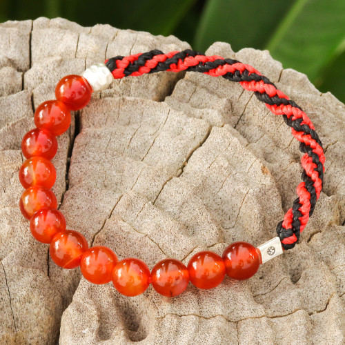 Carnelian Beaded Stretch Bracelet in Red and Black 'Fearless Journey'