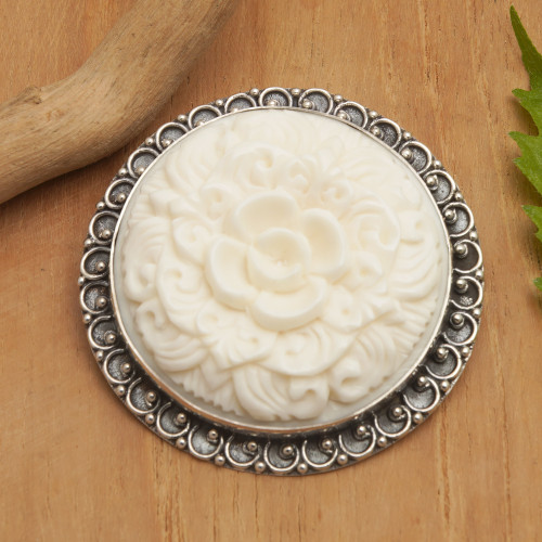 925 Silver Brooch Pin and Pendant with Carved Flower Accent 'Classic Balinese'