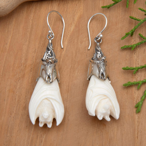 Bat-Themed Sterling Silver Dangle Earrings in White 'Angel Bat'