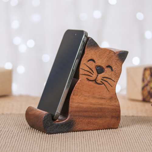 Cat-Themed Hand-Carved Raintree Wood Phone Holder 'Feline Support'