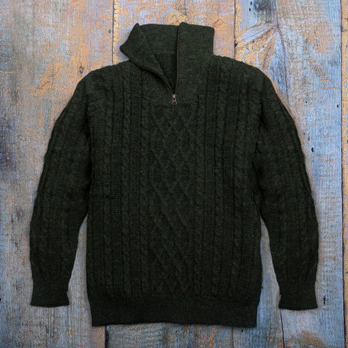 Men's Zip-Neck Alpaca Sweater 'Woodland Walk in Moss'