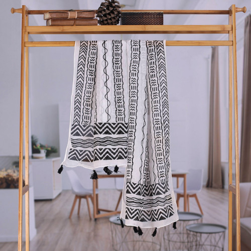 Geometric Block-Printed Cotton Shawl 'Creative Path'