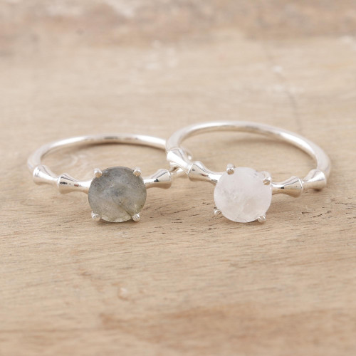 Labradorite and Moonstone Solitaire Rings Pair 'Celestial Bodies'