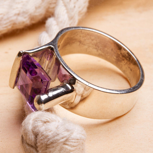 Amethyst and Sterling Silver Cocktail Ring From Taxco Mexico 'Amethyst Lock'