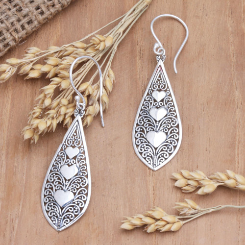 Sterling Silver Dangle Earrings with Heart Motif 'Three Lovers'