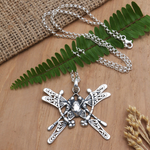 Men's Sterling Silver Pendant Necklace with Dragonfly Motif 'Emperor of the Garden'