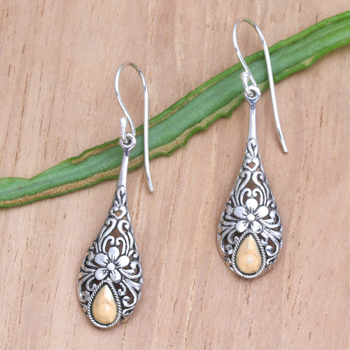Gold Accented Sterling Silver Raindrop Earrings with Flowers 'Floral Raindrop'