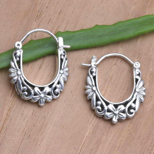 Traditional Floral Sterling Silver Hoop Earrings from Bali 'Divine Purpose'