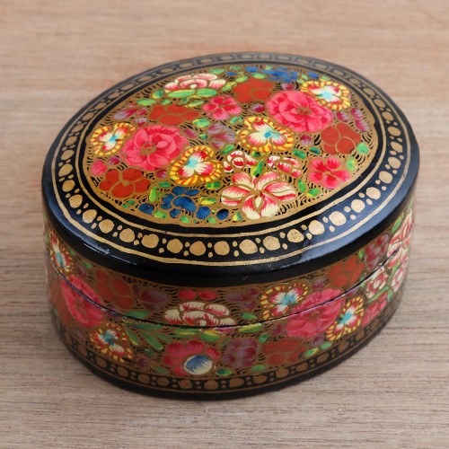 Floral Papier Mache and Wood Oval Decorative Box 'Summer Bouquet'