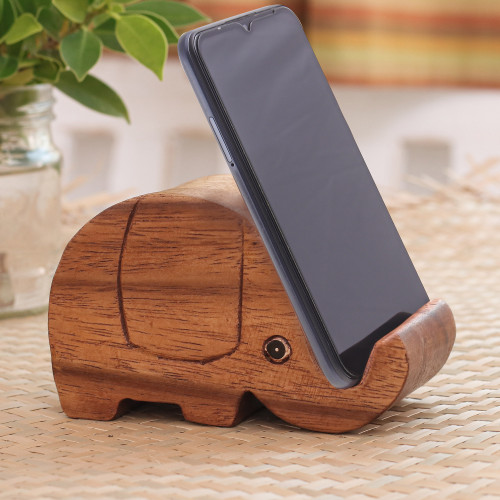 Hand-Carved Wood Phone Holder 'Pretty Elephant'