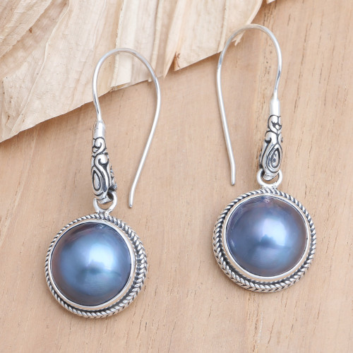 Sterling Silver and Cultured Pearl Dangle Earrings from Bali 'Blue Mirror'
