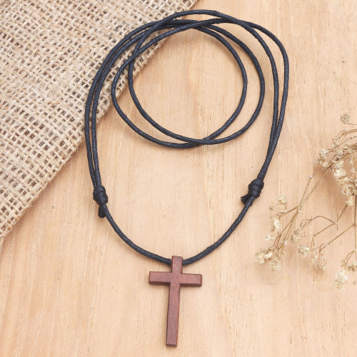 Men's Sawo Wood Cross Pendant Necklace with Cotton Cord 'Natural Blessing'