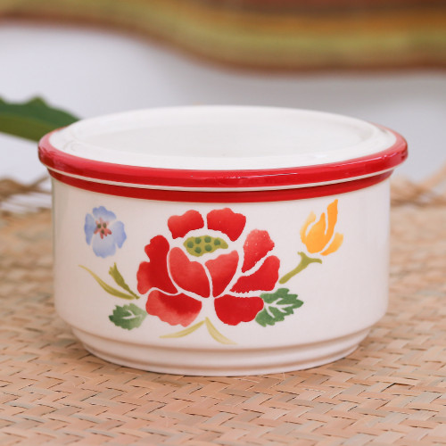 Hand-Painted Round Ceramic Box 'Poppy Garden in Red'