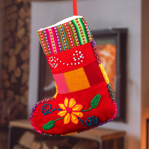 Peruvian Handcrafted Christmas Stocking with Andean Details 'Christmas with Flowers'