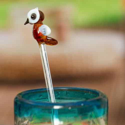 Mexican Recycled Glass Cocktail Stirrer with Brown Owl 'Cheeky Brown Owl'