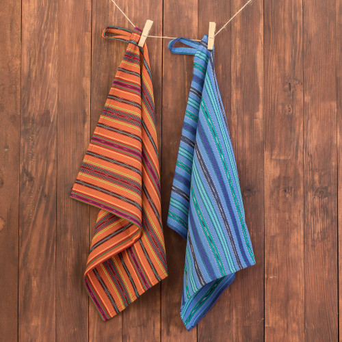 Pair of Striped Cotton Dish Towels Hand-Woven in Guatemala 'Kitchen Love'