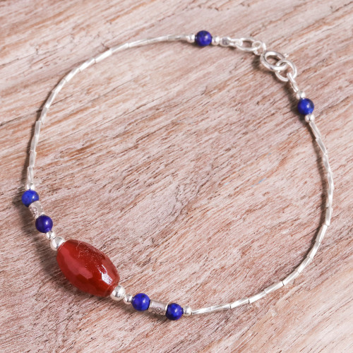 Carnelian Lapis Lazuli  950 Silver Beaded Pendant Bracelet 'Oval Allure'