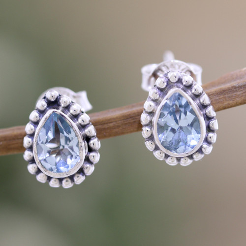 Sterling Silver Stud Earrings with Faceted Blue Topaz Gems 'Dazzling Loyalty'