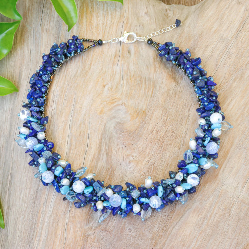 Handcrafted Multi-Gemstone Blue Beaded Necklace 'Blue Paradise'