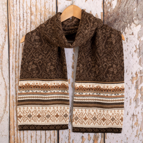 Brown and Ivory 100 Alpaca Scarf with Floral Motifs 'Autumn Charm'