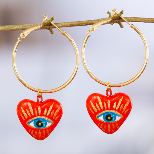 14k Gold-Plated Hoop Earrings with Red Papier Mache Hearts 'Passionate Glance'
