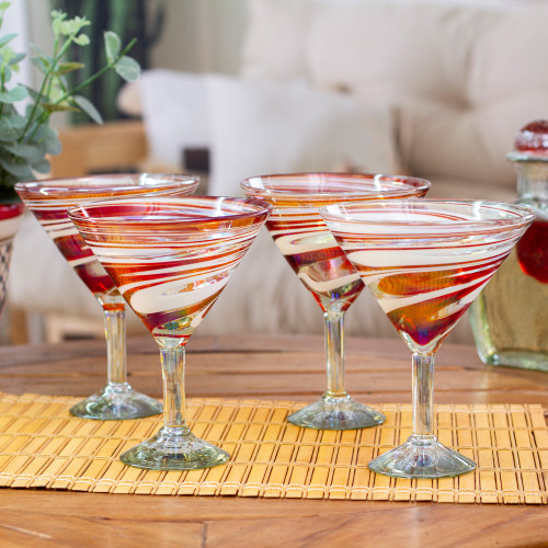 Pair of Eco-Friendly Red and White Handblown Wine Glasses, 'Splendid  Enchantment