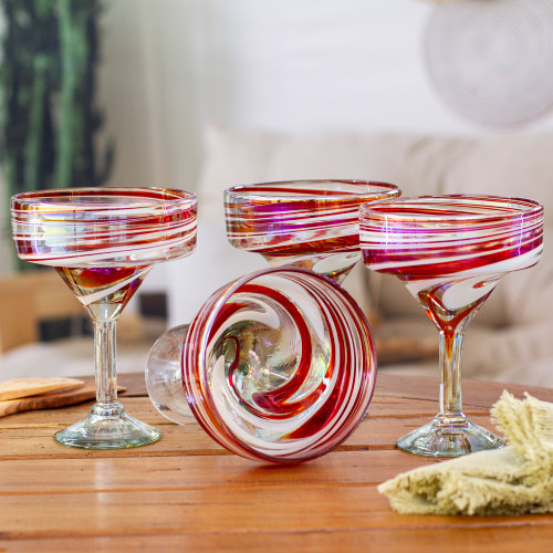 Pair of Eco-Friendly Red and White Handblown Martini Glasses, 'Majestic  Enchantment