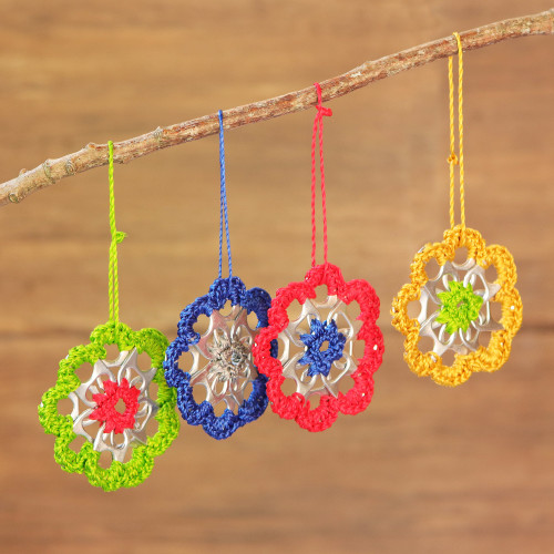 Set of 4 Handcrafted Crocheted Soda Pop-Top Ornaments 'Greener Christmas'