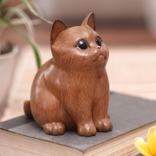 Wood Figurine of Adorable Cat Hand-Carved in Bali 'Cozy Cat'