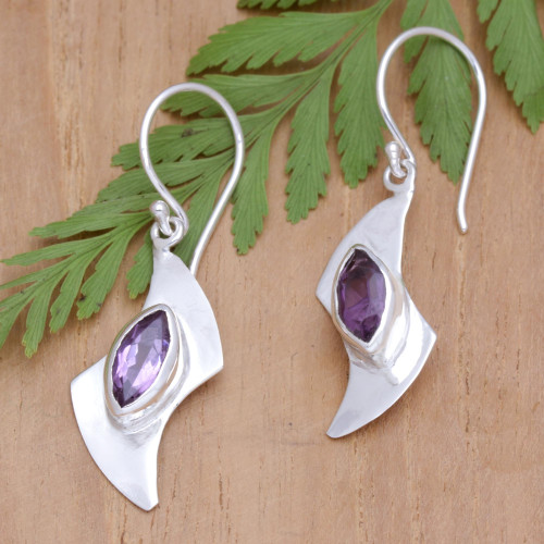 Sterling Silver Dangle Earrings with Faceted Amethyst Stones 'Purple Boomerang'