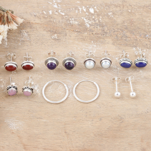 Set of 7 Polished Sterling Silver Earrings with Gemstones 'Precious Auras'