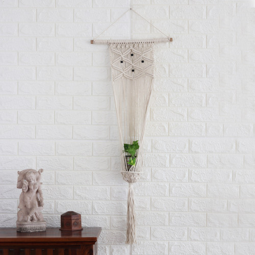 Handmade Ivory Cotton Hanging Planter with Mango Wood Beads 'Natural Pride'