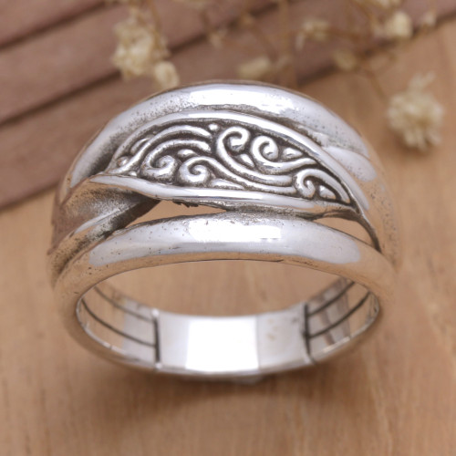 Polished Sterling Silver Band Ring with Traditional Motifs 'Island Awakening'