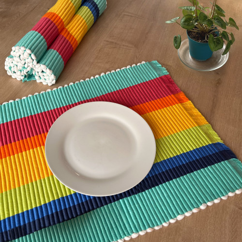 Hand Woven Striped Placemats from Colombia set of 4  'Aqua and Rainbow'