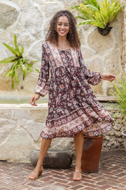 Rayon Batik Tunic Dress with Chocolate Floral Pattern 'Chocolate Spring'