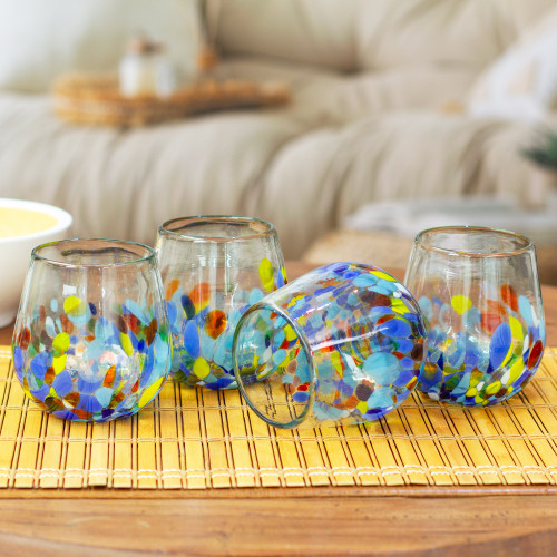 Set of 4 Vibrant Handblown Stemless Wine Glasses from Mexico 'Confetti Festival'