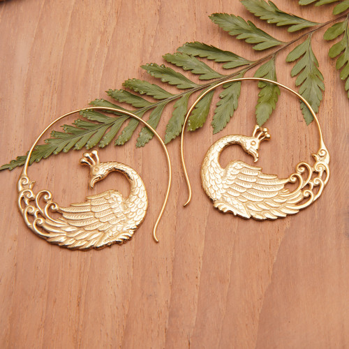 Polished Peacock-Themed 18k Gold-Plated Drop Earrings 'Ethereal Peacock'