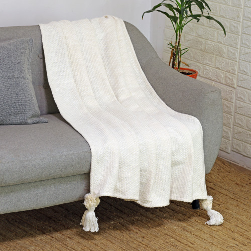 Vanilla and Snow White Cotton Throw with Dangling Tassels 'Divine Appeal'