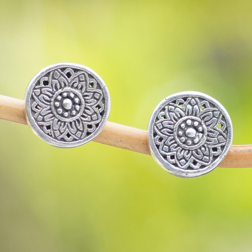 Sterling Silver Stud Earrings with Floral and Chakra Motifs 'Chakra Shield'