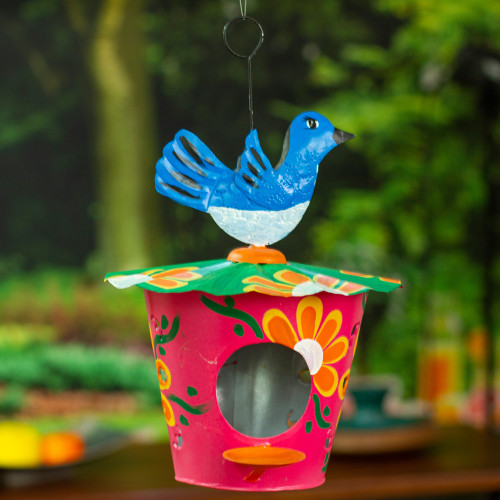 Handcrafted Floral Tin Birdhouse and Feeder with Blue Bird 'Merry Chants'