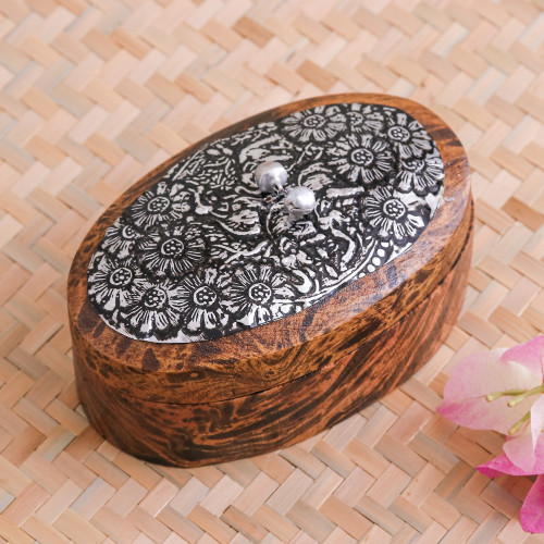 Mango Wood Jewelry Box with Floral Aluminum Accent 'Eden Secret'