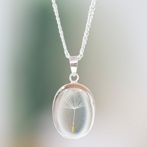 Oval Clear Natural Dandelion Resin Pendant Necklace 'Daylight Rebirth'