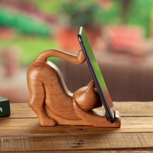 Cat-Themed Handcrafted Cedar Wood Phone Holder from Peru 'Convenient Elegance'