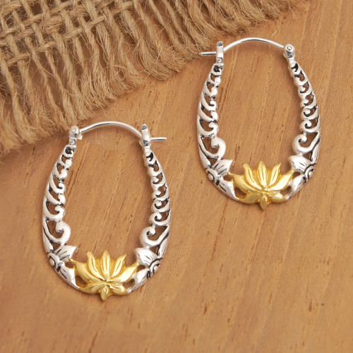 Lotus 18k Gold-Accented Sterling Silver Hoop Earrings 'Divine Soul'