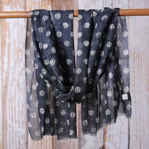 Polka Dot Patterned Grey and Alabaster Wool Blend Scarf 'Nocturnal Bubbles'