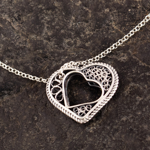 Heart-Shaped Sterling Silver Filigree Pendant Necklace 'Unbreakable Connection'