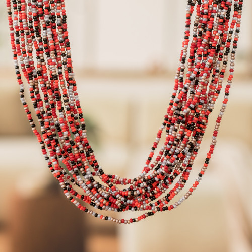 Handcrafted Red and Black Glass Beaded Long Necklace 'Sparkling Fire'