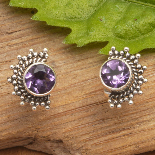 Polished Sterling Silver Stud Earrings with Amethyst Stones 'Crescent Wisdom'