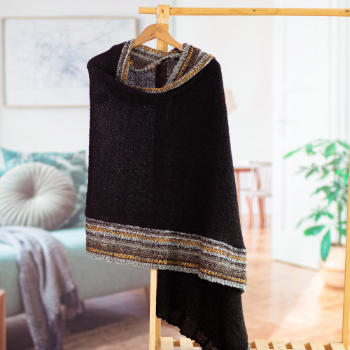 Knit Baby Alpaca Blend Shawl in Black Honey  Grey from Peru 'Elegant Stripes'